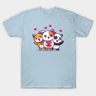 Cute Cat, Panda And Dog With Love T-Shirt